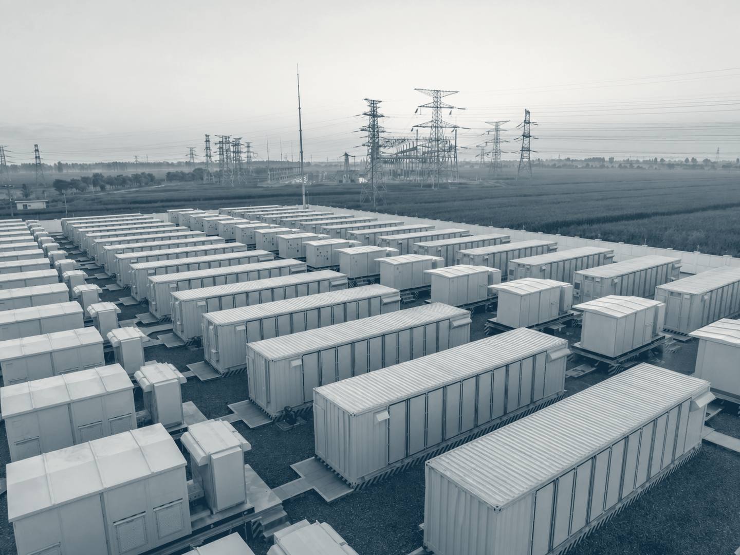 Rows of battery energy storage enclosures with transmission towers beyond